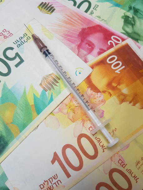 istock Syringe placed on  Israel(ILS)banknotes.Use for website/banner background, backdrop, montage menu 1132169816