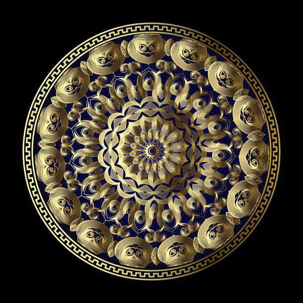 istock Gold lacy greek vector 3d mandala pattern. Round lace floral background. Vintage ethnic style design. Gold Paisley flowers, leaves, geometric shapes, lines. Textured ornate greek key meanders ornament 1132171582