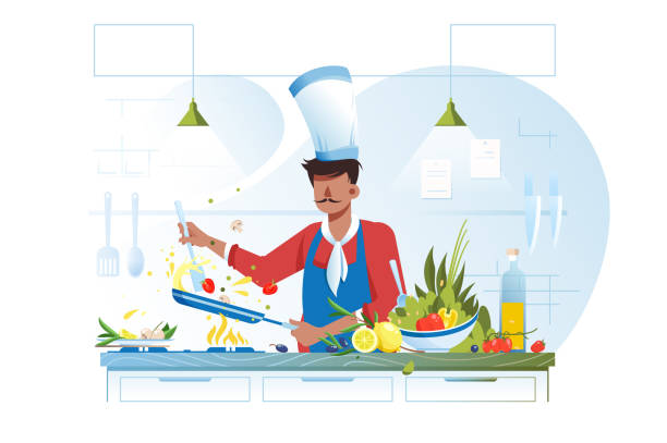 illustrazioni stock, clip art, cartoni animati e icone di tendenza di giovane chef piatto che cucina piatti vegetariani con olio d'oliva. - chef