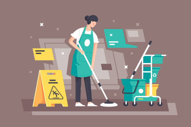 Flat young woman at work in cleaning services with special equipment. Flat young woman at work in cleaning services with special equipment. Concept girl characters, student employee, yellow wet floor sign. Vector illustration. cleaner illustrations stock illustrations