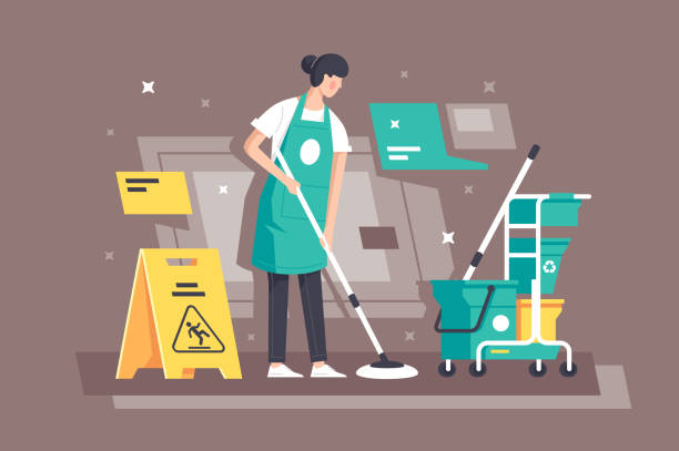 Flat young woman at work in cleaning services with special equipment. Flat young woman at work in cleaning services with special equipment. Concept girl characters, student employee, yellow wet floor sign. Vector illustration. art name plates stock illustrations