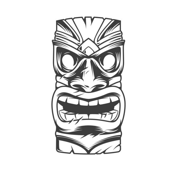 Hawaiian traditional tribal tiki mask Hawaiian traditional tribal tiki mask in vintage monochrome style isolated vector illustration carving set stock illustrations