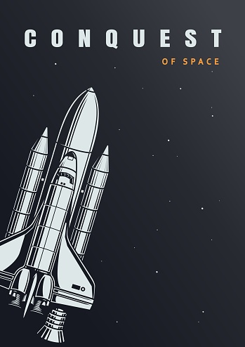 Vintage space exploration poster with flying spaceship vector illustration
