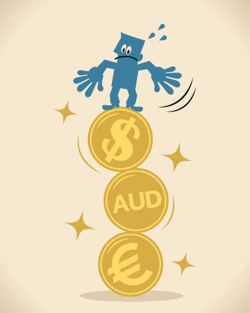 geschäftsmann balancieren stehend auf einem stapel von us-währung, euro und australischer währung - finance juggling businessman euro symbol stock-grafiken, -clipart, -cartoons und -symbole