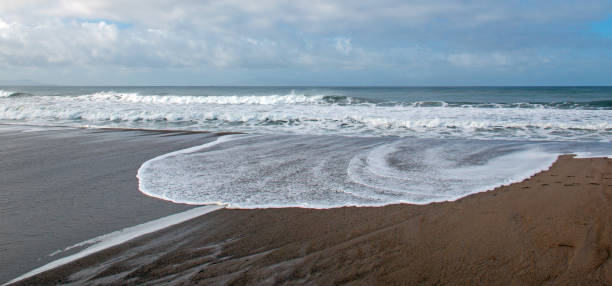 istock Circular seafoam from Pacific ocean waves washing over the beach and flowing into a tidal marsh in Ventura California United States 1132181273