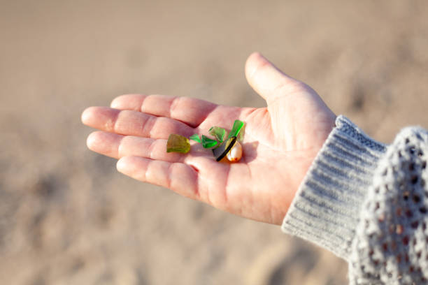 Womans Hand Holding Sea Glass Pieces stock photo