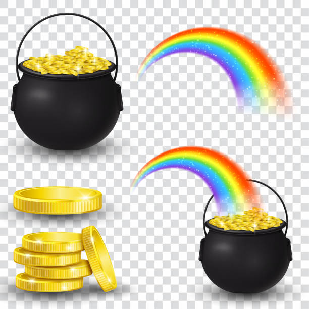 ilustraciones, imágenes clip art, dibujos animados e iconos de stock de caldero lleno de monedas de oro y arco iris - olla de oro