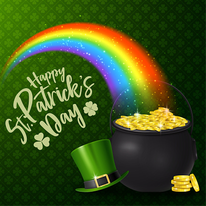 Illustration of Happy St. Patrick's Day with rainbow, hat, and golden coins