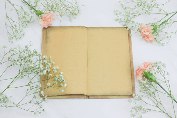 istock top view vintage book with empty sheets and flowers 1132183722