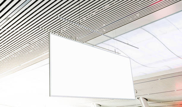 blank billboard hanging from the ceiling - airport interior imagens e fotografias de stock