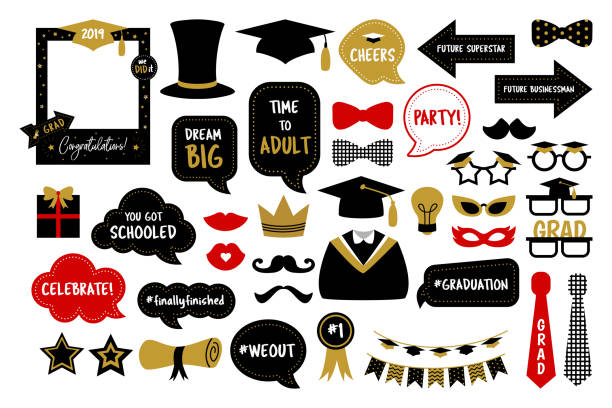 Photo booth props for graduation party photobooth Photo booth props for graduation party. Hat, cap, tie, glasses, diploma for those who graduate from school or college. Photobooth vector set in gold and black colors. Congrats grad with funny quotes. 2019 photos stock illustrations