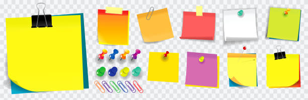 illustrazioni stock, clip art, cartoni animati e icone di tendenza di nota appiccicosa colorata. l'uso nell'attività scolastica, lavorativa o d'ufficio. - blank bulletin board paper straight pin