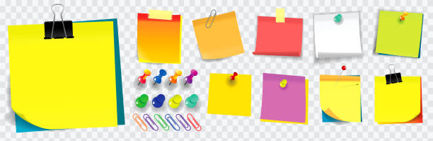 화려한 스티커 메모입니다. 학교, 직장 또는 사무실 활동에 사용. - adhesive note letter thumbtack reminder stock illustrations