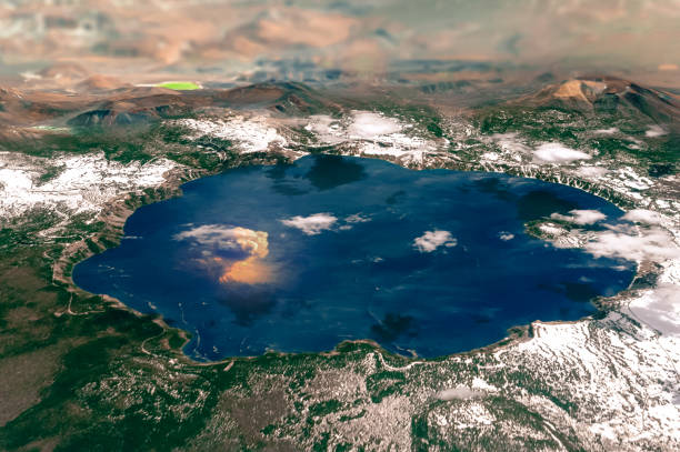 crater lake in the cascade mountains of oregon. satellite view. collage, elements of this image furnished by nasa. - lake mountain range mountain deep imagens e fotografias de stock