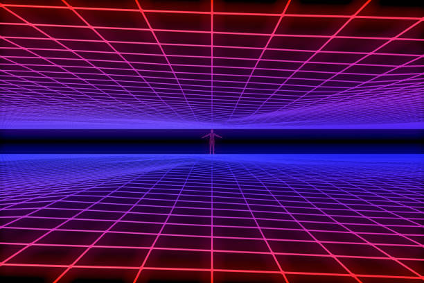 istock Retro Sci-Fi Futuristic Landscape with Cyborg and Neon Lights Abstract Background 1132186783