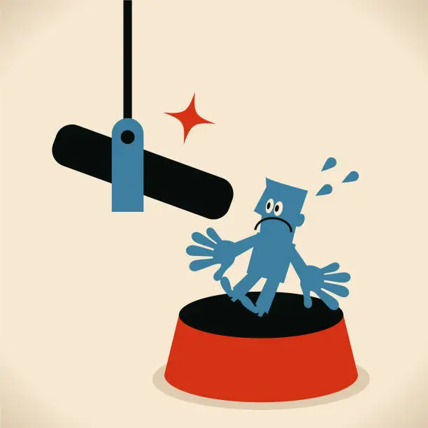 Vector illustration of Stage fright, anxiety, lack of confidence, blue man on stage with microphone