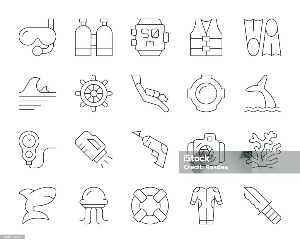 Scuba Diving and Snorkeling - Thin Line Icons Scuba Diving and Snorkeling Thin Line Icons Vector EPS File. Diving Into Water stock vector