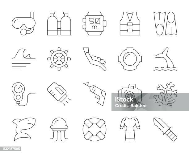Scuba Diving And Snorkeling Thin Line Icons Stock Illustration - Download Image Now - Diving Into Water, Snorkeling, Thin Line Illustration