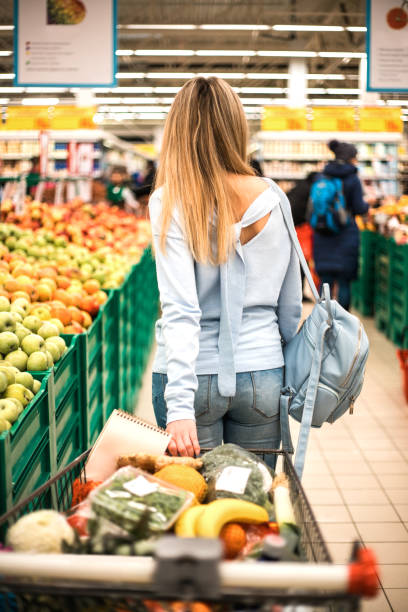 istock Woman pulls full trolley at the supermarket. 1132189605