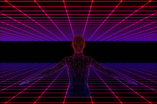 istock Retro Sci-Fi Futuristic Landscape with Cyborg and Neon Lights Abstract Background 1132190695