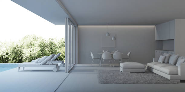 istock Modern house interior. Interior of a villa with a swimming pool. 3D rendering. 1132191644