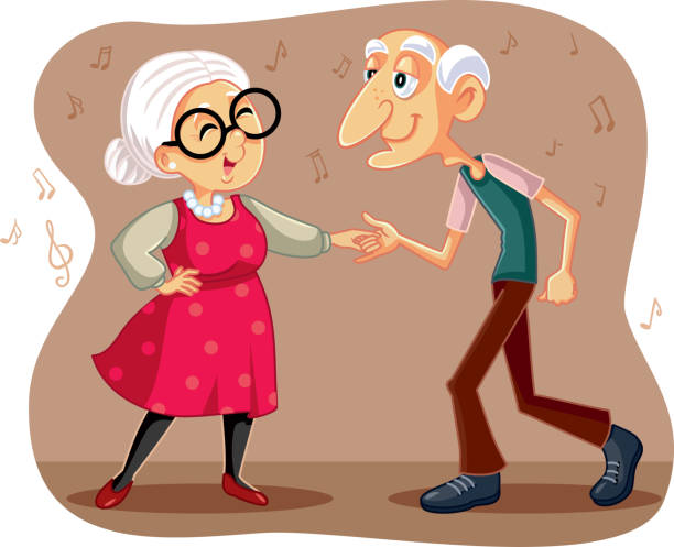 illustrazioni stock, clip art, cartoni animati e icone di tendenza di divertente coppia di anziani ballando vector cartoon - senior adult senior couple grandparent retirement