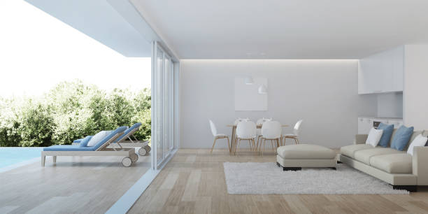 istock Modern house interior. Interior of a villa with a swimming pool. 3D rendering. 1132191742