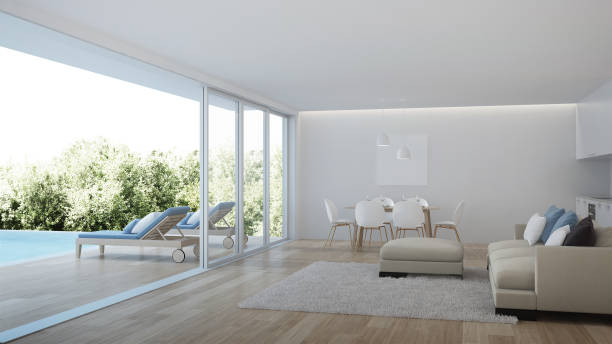 istock Modern house interior. Interior of a villa with a swimming pool. 3D rendering. 1132191751
