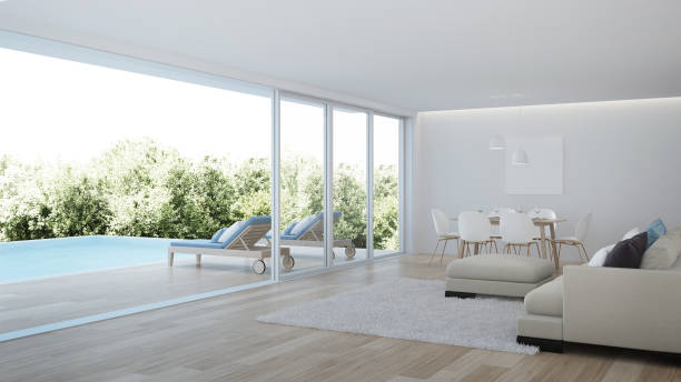 istock Modern house interior. Interior of a villa with a swimming pool. 3D rendering. 1132191759