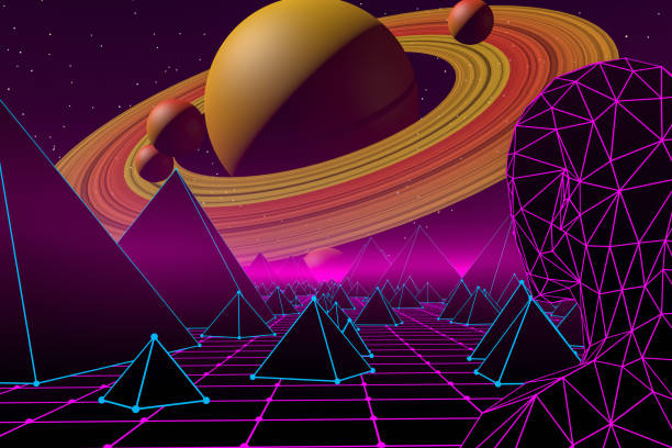 istock Retro Sci-Fi Futuristic Landscape with Cyborg and Neon Lights Abstract Background 1132192969