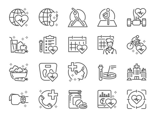 Global healthcare line icon set. Included icons as exercise, health check, healthy food, wellness center, doctor and more. Global healthcare line icon set. Included icons as exercise, health check, healthy food, wellness center, doctor and more. biomechanics stock illustrations