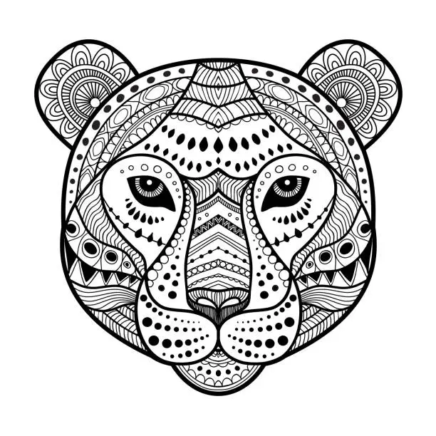 Vector illustration of Tiger head zen art style illustration, print in black and white