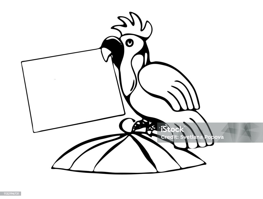 Parrot sits on top of the cage and holds a blank sheet of paper in its beak. Animal stock vector