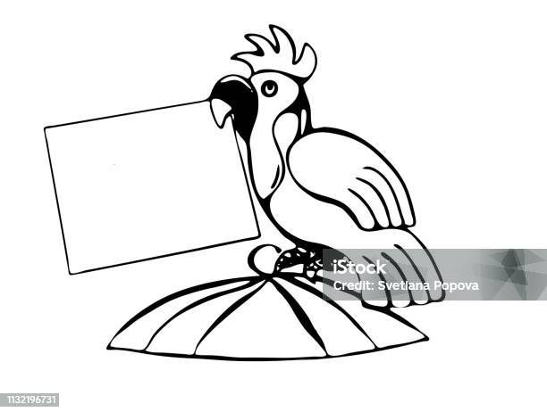 Parrot Sits On Top Of The Cage And Holds A Blank Sheet Of Paper In Its Beak Stock Illustration - Download Image Now