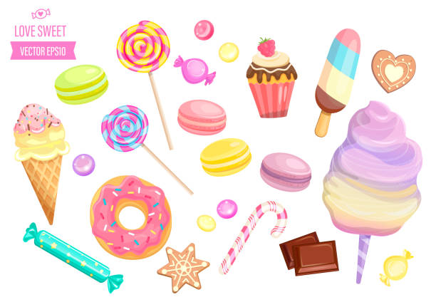 illustrazioni stock, clip art, cartoni animati e icone di tendenza di set di dolci isolati su sfondo bianco. - sweet food