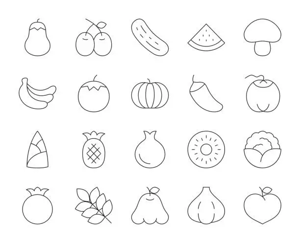 Vector illustration of Vegetable and Fruit - Thin Line Icons