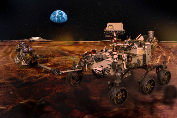 Martian rover on the surface of the red planet, the alien landscape and the planet Earth in the sky among the stars. Elements of this image furnished by NASA. Martian rover on the surface of the red planet, the alien landscape and the planet Earth in the sky among the stars. Elements of this image furnished by NASA.\

/urls: https://images-assets.nasa.gov/image/S91-50687/S91-50687~orig.jpg, https://images-assets.nasa.gov/image/PIA22935/PIA22935~orig.jpg, https://images-assets.nasa.gov/image/as11-44-6551/as11-44-6551~orig.jpg, https://mars.nasa.gov/imgs/mars2020/rover/Mars2020_rover.png, https://images-assets.nasa.gov/image/iss057e035382/iss057e035382~orig.jpg / space milky way star night stock pictures, royalty-free photos & images