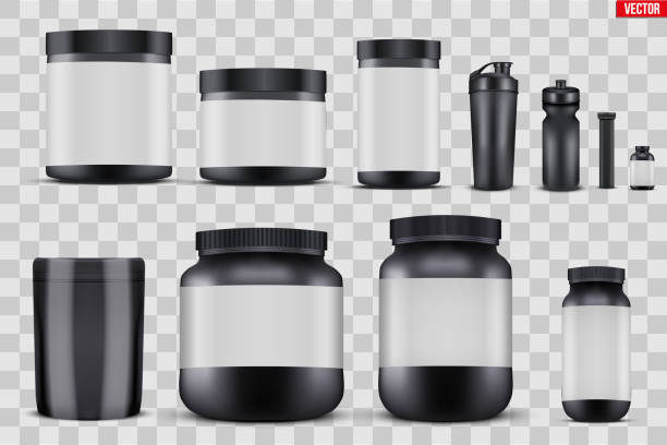 ustaw makiety sport nutrition containers - energy drink bottle drink plastic stock illustrations