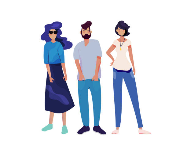 ilustrações de stock, clip art, desenhos animados e ícones de group of young people in casual wear standing - three people women teenage girls friendship