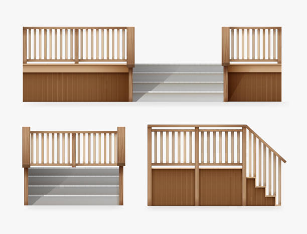 Vector illustration of staircase for entrance to house, stairway of porch from wooden balustrade front and side view Vector illustration of staircase for entrance to house, stairway of porch from wooden balustrade front and side view, isolated on white background wooden porch stock illustrations