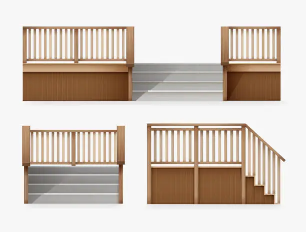 Vector illustration of Vector illustration of staircase for entrance to house, stairway of porch from wooden balustrade front and side view