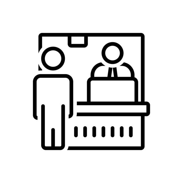 Ticket counter Icon for ticket counter, ticket, counter, queue, passenger, window, laptop, employee, cashier admit stock illustrations