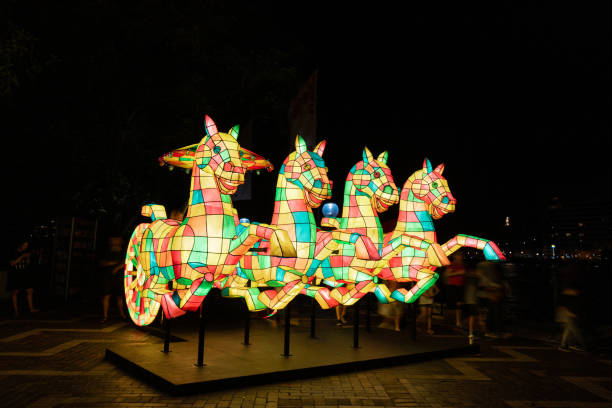 Sydney, Australia - February 4, 2019: Horse lunar lantern at night in Circular Quay.