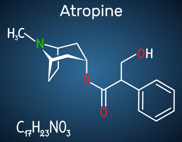 아트로핀 약물 분자. 그것은 식물 알칼로이드. 어두운 파란색 배경에 구조 화학 포뮬러 - acetylcholine stock illustrations