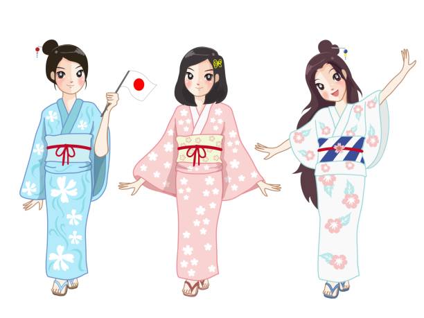 ilustraciones, imágenes clip art, dibujos animados e iconos de stock de establecer chicas japonesas. - chica kimono del anime