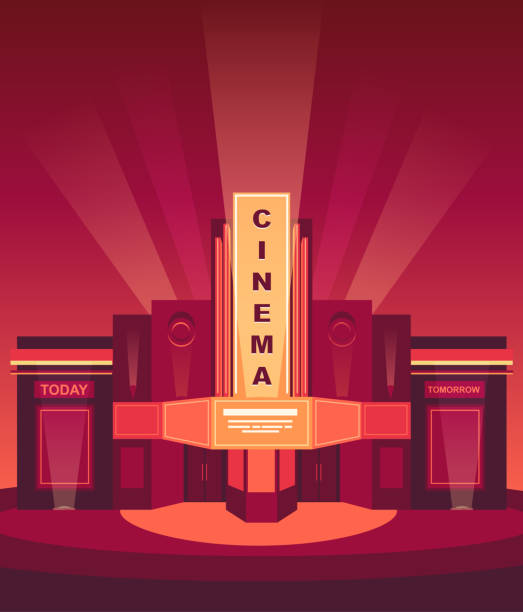 ilustrações de stock, clip art, desenhos animados e ícones de cinema building. facade classic cinema with night illumination. - hollywood movie