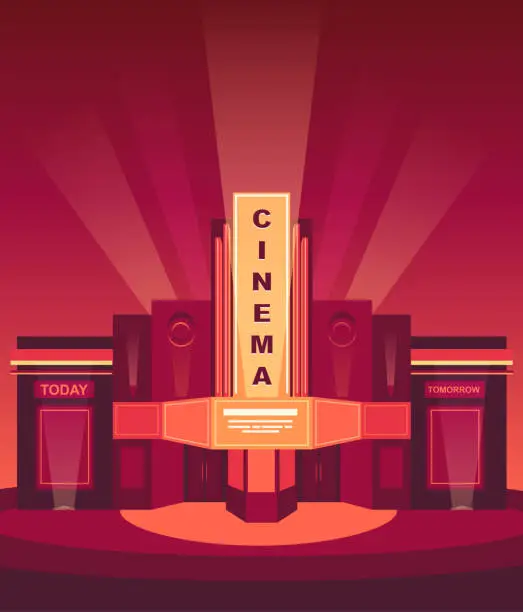 Vector illustration of Cinema building. Facade classic cinema with night illumination.