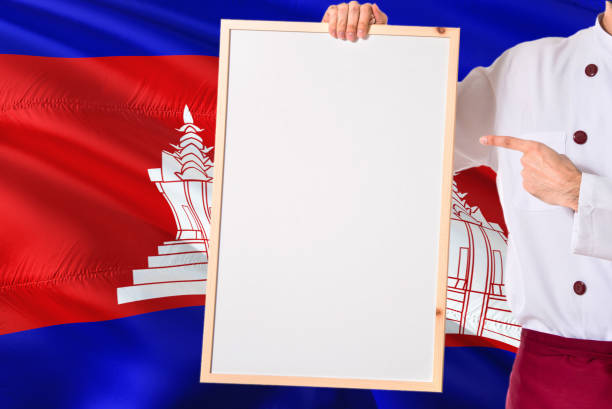 Flag of Cambodia in front of a clear blue sky