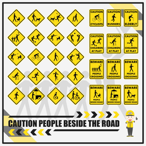 uyarı için trafik güvenlik işaretleri ve semboller kümesi ve yolların yanındaki insanlar hakkında bakım sürücü hatırlatmak. oyun çocuklar dikkat. i̇nsanlar geçiş dikkat edin. - slow stock illustrations