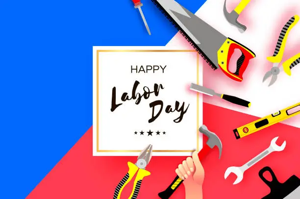 Vector illustration of Happy Labor Day greetings card for national, international holiday. Hands workers holding tools in paper cut styl on sky blue. Square frame. Space for text.